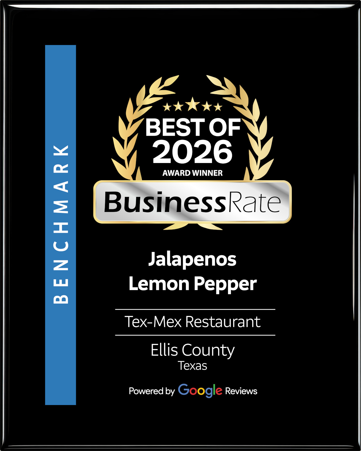 2026 Best of BusinessRate Award — Jalapeño's Lemon Pepper, Tex-Mex Restaurant, Ellis County Texas, Powered by Google Reviews